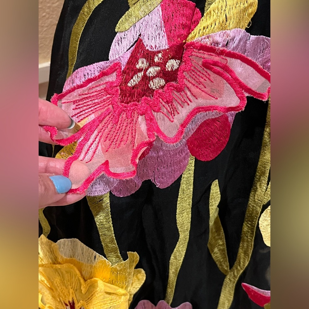 Anthropologie floral mini dress w/ 3D appliqué. Strapless. Black yellow pink. S - Picture 6 of 16